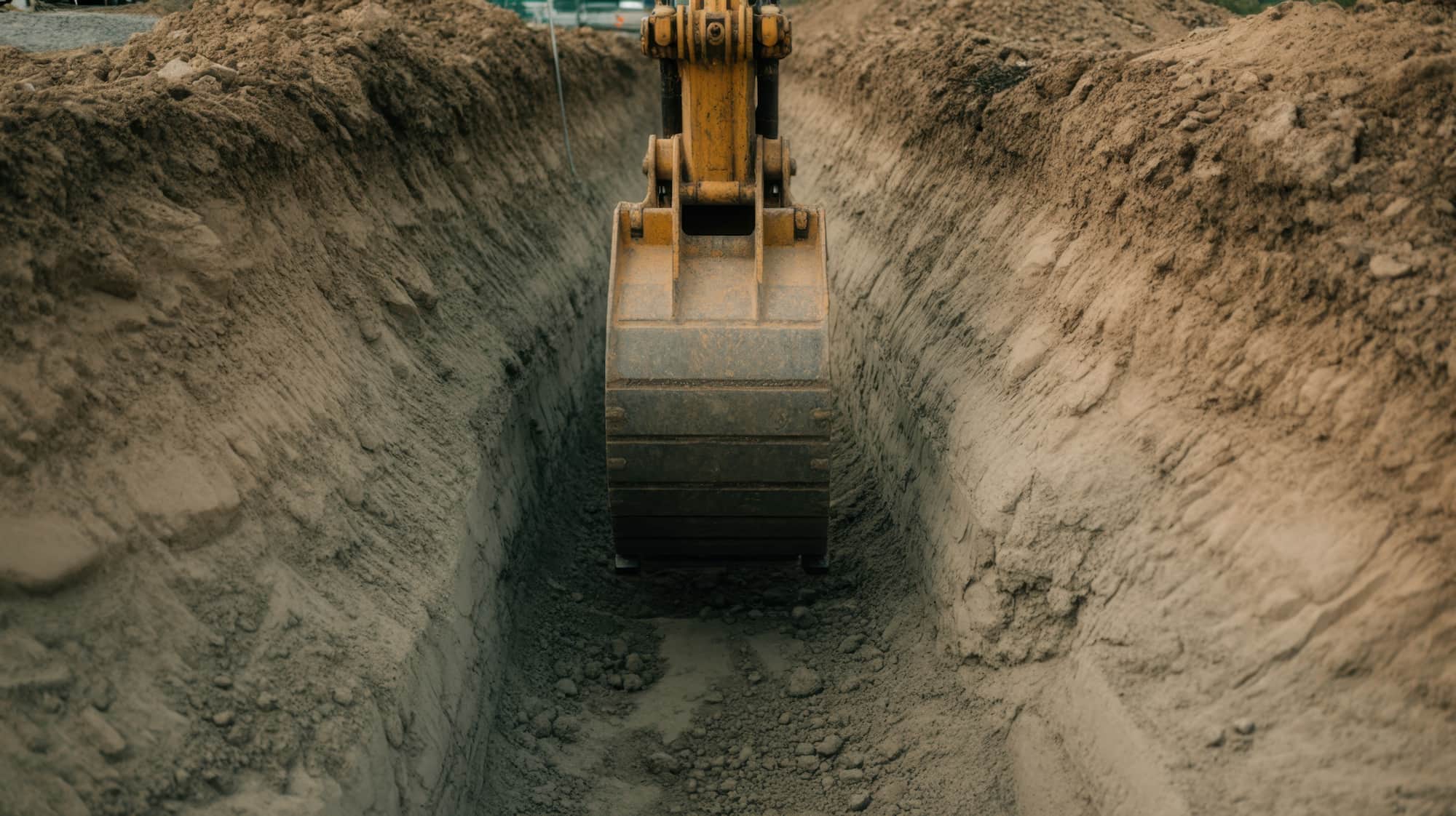 A close-up view of an excavator bucket digging a deep trench in the dirt at a construction site.