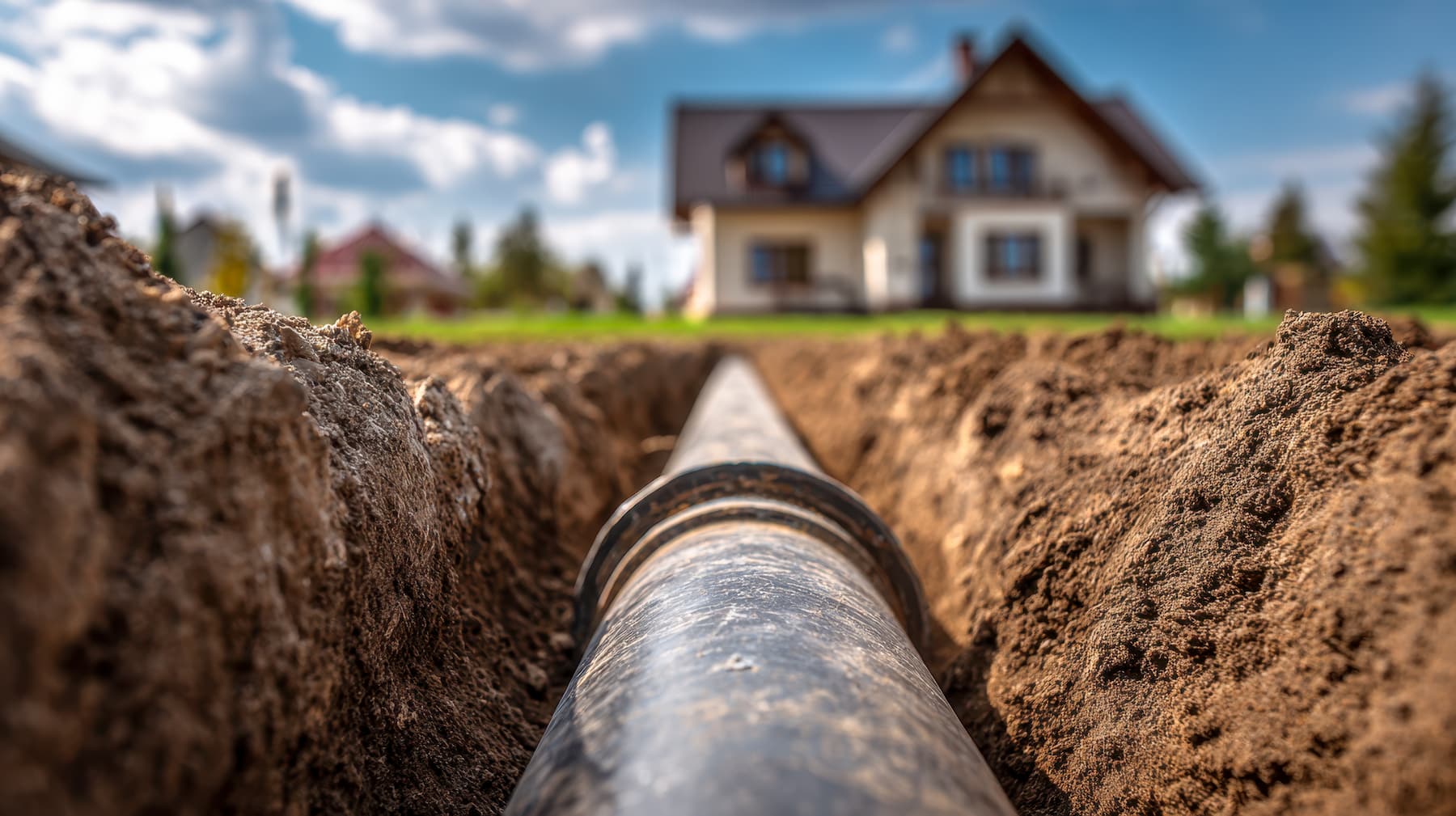 A large pipe runs through a trench in the dirt, leading toward a house in the background on a sunny day.