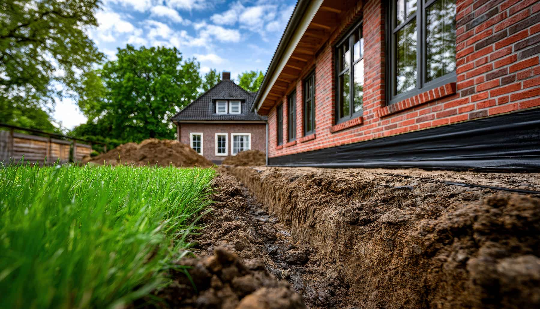 A close-up view of a trench dug alongside a brick house, with piles of dirt on the grass and another house visible in the background under a blue sky with scattered clouds.