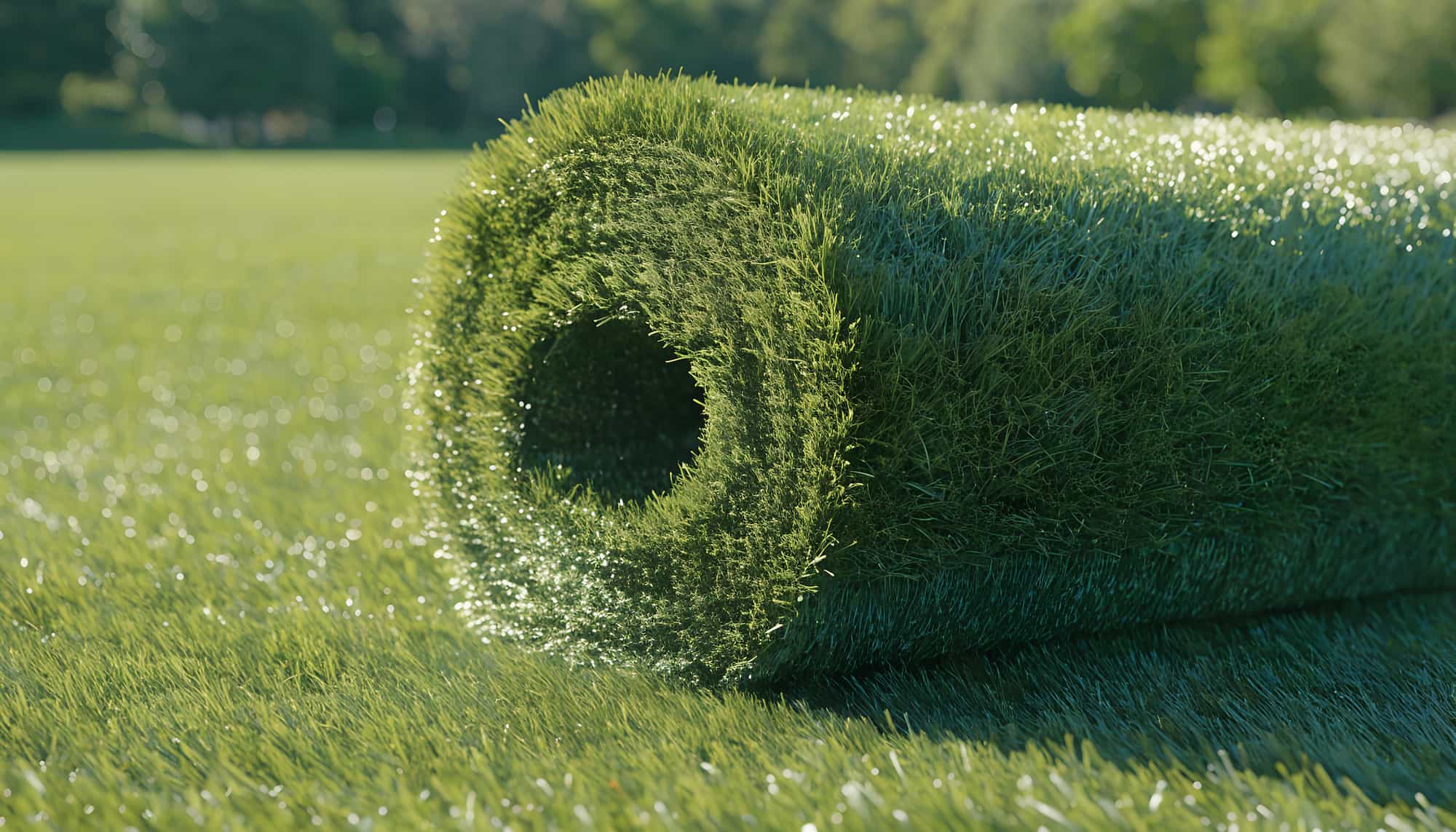 A large roll of artificial grass lies on a field of similar synthetic turf, with trees and sunlight visible in the blurred background.