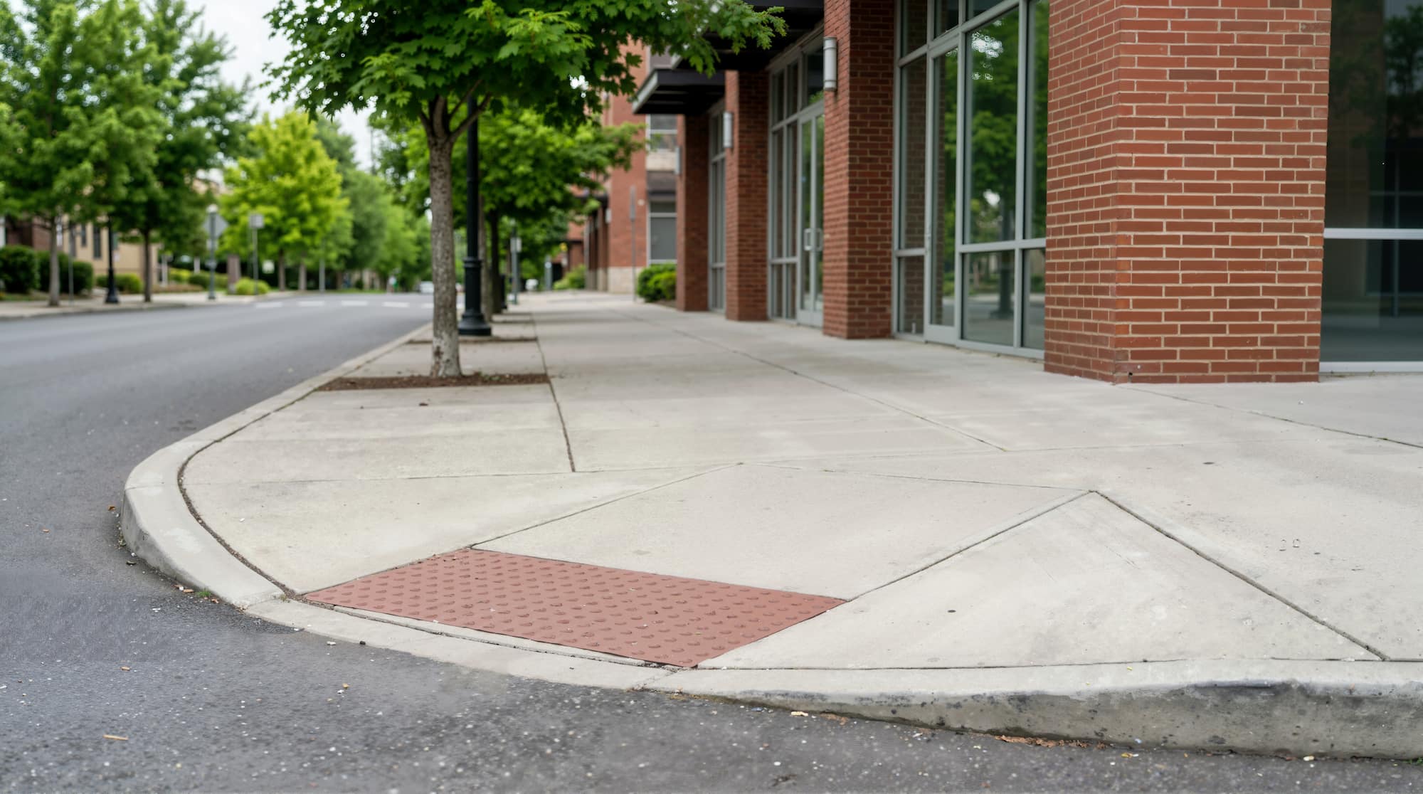A city sidewalk with a curb cut and tactile paving at a street corner, next to a red brick building with large glass windows and leafy green trees lining the street.