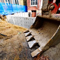 A close-up of an excavator bucket on a construction site with exposed soil, concrete, and a partly-built structure in the background.