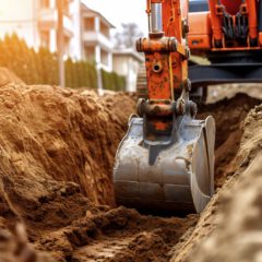 An excavator digs a deep trench in brown soil at a construction site, with sunlight shining in the background and residential buildings visible nearby.